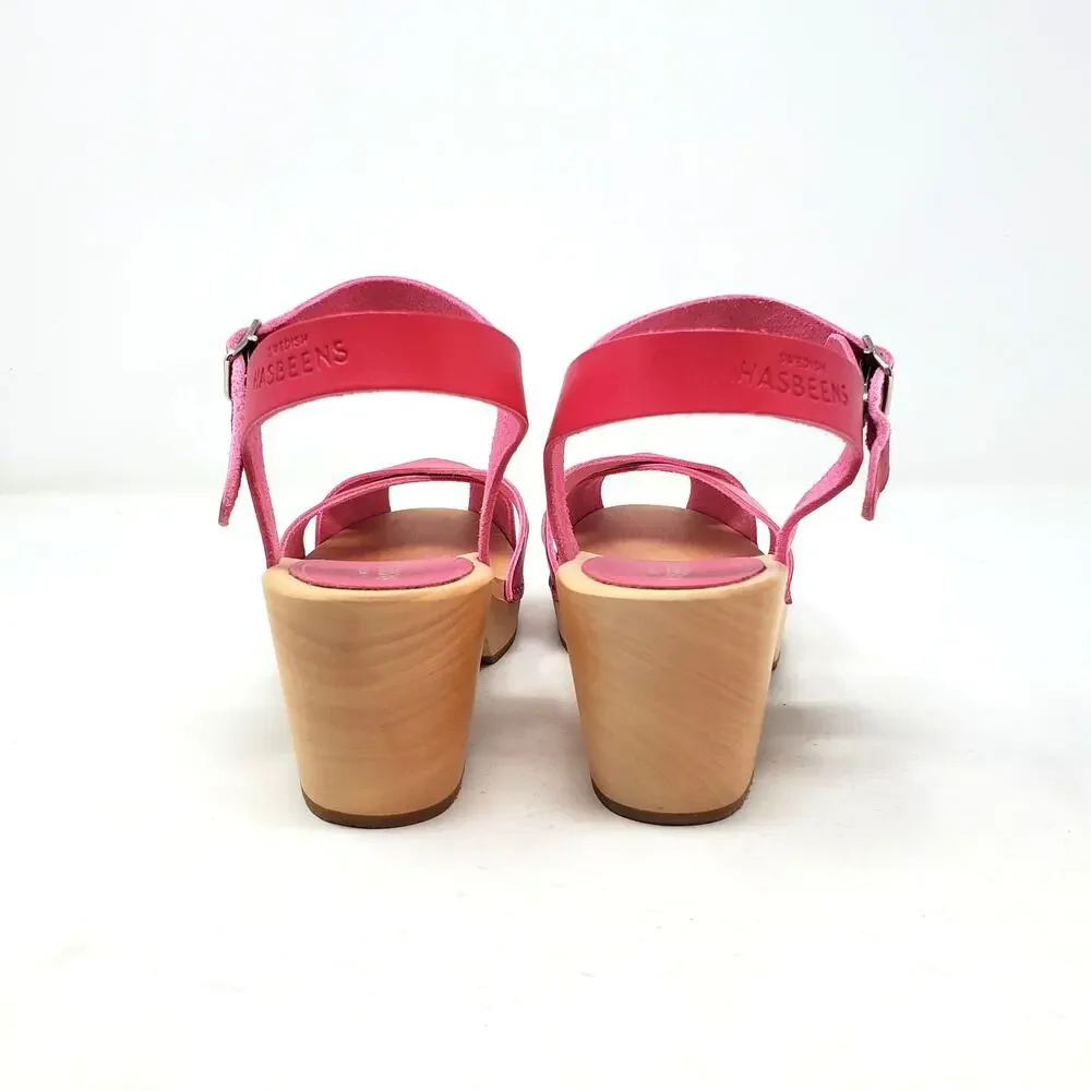 Swedish Hasbeens Mirja Heeled Clog Sandals Strappy Peep Toe Cherry Pink 41 US 11 - Picture 7 of 9